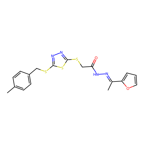 N'-[(1E)-1-(furan-2-yl)ethylidene]-2-({5-[(4-methylbenzyl)sulfanyl]-1,3,4-thiadiazol-2-yl}sulfanyl)acetohydrazide structure