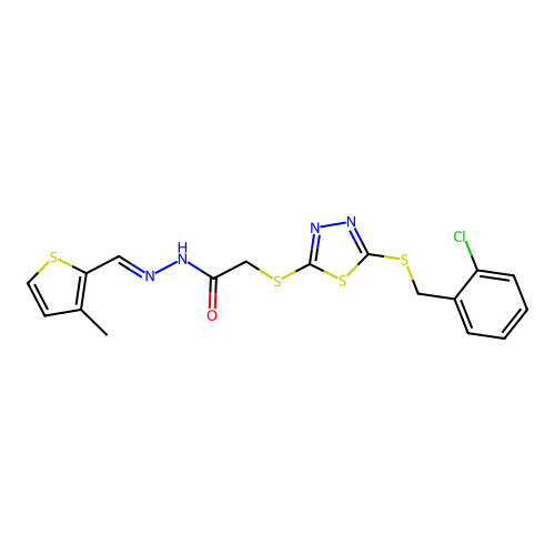 2-((5-((2-chlorobenzyl)thio)-1,3,4-thiadiazol-2-yl)thio)-N'-((3-methylthiophen-2-yl)methylene)acetohydrazide structure