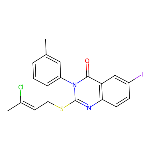 2-((3-chlorobut-2-en-1-yl)thio)-6-iodo-3-(m-tolyl)quinazolin-4(3H)-one structure