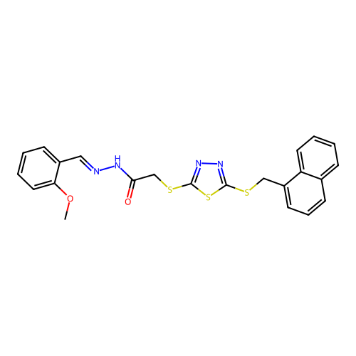 (E)-N'-(2-methoxybenzylidene)-2-((5-((naphthalen-1-ylmethyl)thio)-1,3,4-thiadiazol-2-yl)thio)acetohydrazide structure