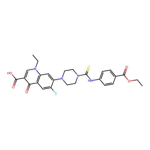 7-(4-{[4-(ethoxycarbonyl)phenyl]carbamothioyl}piperazin-1-yl)-1-ethyl-6-fluoro-4-oxo-1,4-dihydroquinoline-3-carboxylic acid structure
