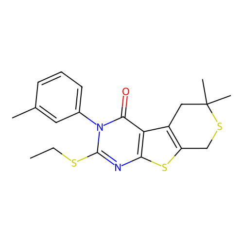2-(ethylsulfanyl)-6,6-dimethyl-3-(3-methylphenyl)-3,5,6,8-tetrahydro-4H-thiopyrano[4',3':4,5]thieno[2,3-d]pyrimidin-4-one structure