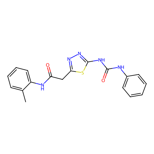 N-(2-methylphenyl)-2-{5-[(phenylcarbamoyl)amino]-1,3,4-thiadiazol-2-yl}acetamide structure