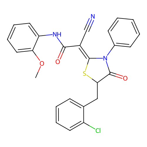 (Z)-2-(5-(2-chlorobenzyl)-4-oxo-3-phenylthiazolidin-2-ylidene)-2-cyano-N-(2-methoxyphenyl)acetamide structure