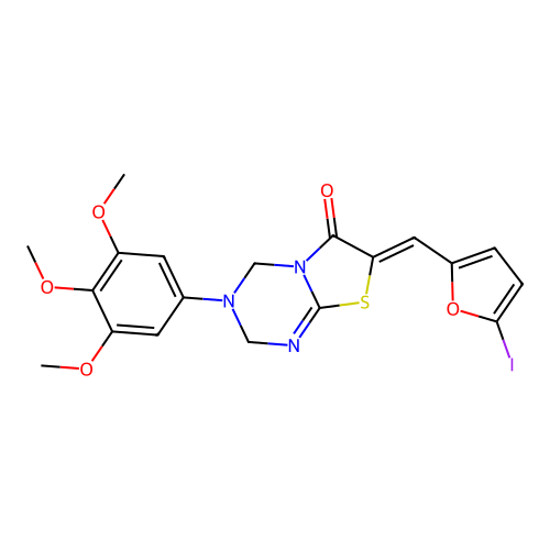 (7Z)-7-[(5-iodofuran-2-yl)methylidene]-3-(3,4,5-trimethoxyphenyl)-2,4-dihydro-[1,3]thiazolo[3,2-a][1,3,5]triazin-6-one structure