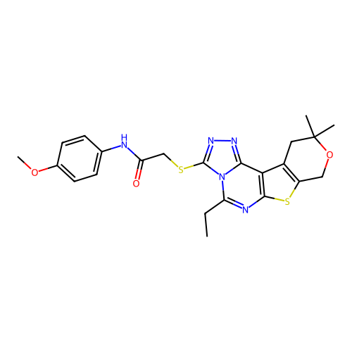 2-((5-ethyl-10,10-dimethyl-10,11-dihydro-8H-pyrano[4',3':4,5]thieno[3,2-e][1,2,4]triazolo[4,3-c]pyrimidin-3-yl)thio)-N-(4-methoxyphenyl)acetamide structure