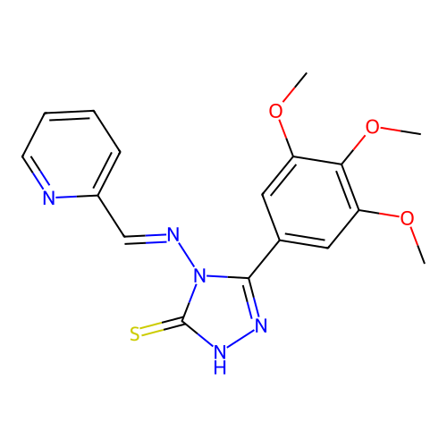 4-((1E)-2-(2-pyridyl)-1-azavinyl)-5-(3,4,5-trimethoxyphenyl)-1,2,4-triazole-3- thiol structure
