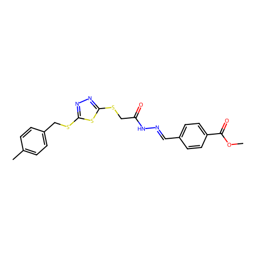 methyl 4-[(E)-{2-[({5-[(4-methylbenzyl)sulfanyl]-1,3,4-thiadiazol-2-yl}sulfanyl)acetyl]hydrazinylidene}methyl]benzoate structure