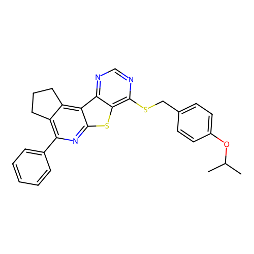 4-phenyl-7-{[4-(propan-2-yloxy)benzyl]sulfanyl}-2,3-dihydro-1H-cyclopenta[4',5']pyrido[3',2':4,5]thieno[3,2-d]pyrimidine structure
