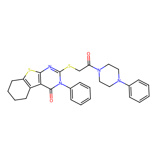 2-{[2-oxo-2-(4-phenylpiperazin-1-yl)ethyl]sulfanyl}-3-phenyl-5,6,7,8-tetrahydro[1]benzothieno[2,3-d]pyrimidin-4(3H)-one structure