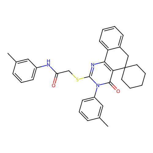 2-((4-oxo-3-(m-tolyl)-4,6-dihydro-3H-spiro[benzo[h]quinazoline-5,1'-cyclohexan]-2-yl)thio)-N-(m-tolyl)acetamide structure