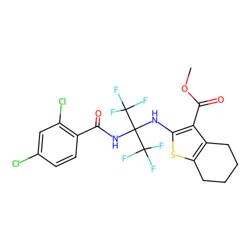 methyl 2-((2-(2,4-dichlorobenzamido)-1,1,1,3,3,3-hexafluoropropan-2-yl)amino)-4,5,6,7-tetrahydrobenzo[b]thiophene-3-carboxylate structure