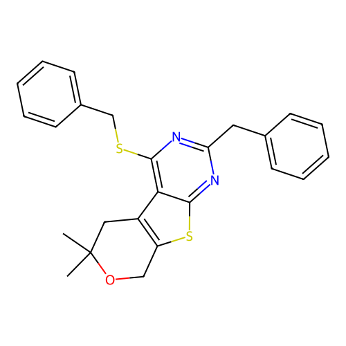 2-benzyl-4-(benzylsulfanyl)-6,6-dimethyl-5,8-dihydro-6H-pyrano[4',3':4,5]thieno[2,3-d]pyrimidine structure