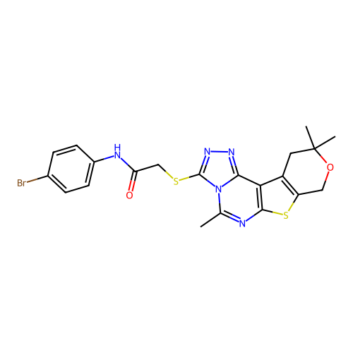N-(4-bromophenyl)-2-((5,10,10-trimethyl-10,11-dihydro-8H-pyrano[4',3':4,5]thieno[3,2-e][1,2,4]triazolo[4,3-c]pyrimidin-3-yl)thio)acetamide structure
