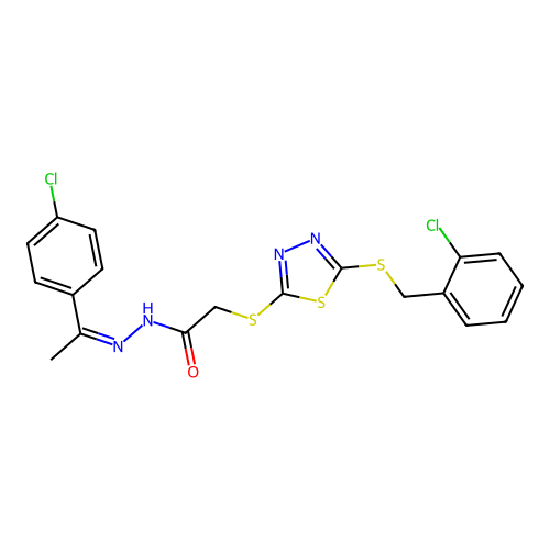 2-({5-[(2-chlorobenzyl)sulfanyl]-1,3,4-thiadiazol-2-yl}sulfanyl)-N'-[(1Z)-1-(4-chlorophenyl)ethylidene]acetohydrazide structure
