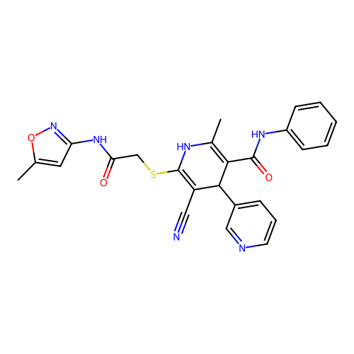 5'-cyano-2'-methyl-6'-({2-[(5-methyl-1,2-oxazol-3-yl)amino]-2-oxoethyl}sulfanyl)-N-phenyl-1',4'-dihydro-3,4'-bipyridine-3'-carboxamide structure