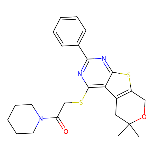 2-((6,6-dimethyl-2-phenyl-6,8-dihydro-5H-pyrano[4',3':4,5]thieno[2,3-d]pyrimidin-4-yl)thio)-1-(piperidin-1-yl)ethanone structure