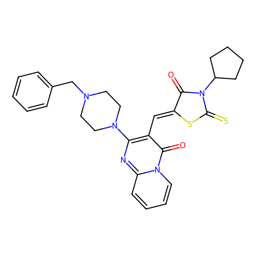 2-(4-benzylpiperazin-1-yl)-3-[(Z)-(3-cyclopentyl-4-oxo-2-thioxo-1,3-thiazolidin-5-ylidene)methyl]-4H-pyrido[1,2-a]pyrimidin-4-one structure