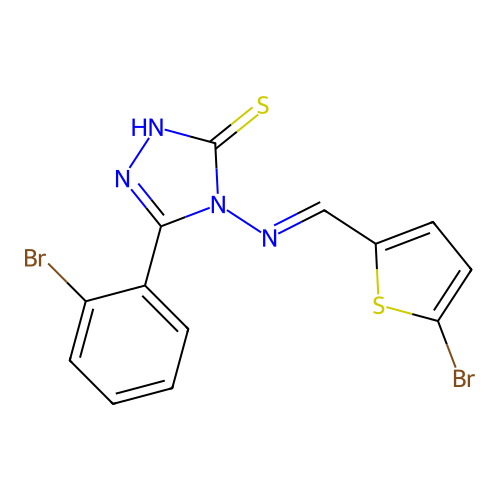 4-[(1E)-2-(5-bromo(2-thienyl))-1-azavinyl]-5-(2-bromophenyl)-1,2,4-triazole-3- thiol structure