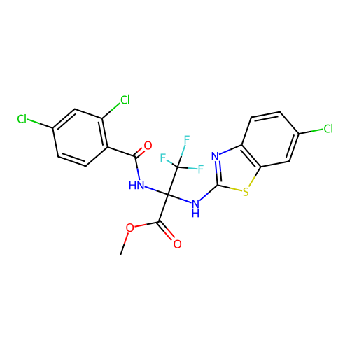 methyl 2-[(6-chloro-1,3-benzothiazol-2-yl)amino]-2-[(2,4-dichlorobenzoyl)amino]-3,3,3-trifluoropropanoate structure