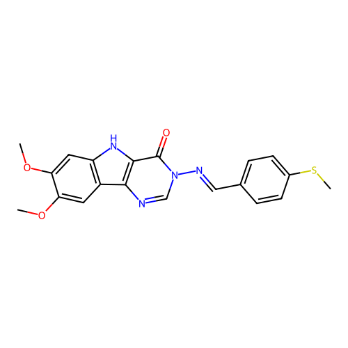 (E)-7,8-dimethoxy-3-((4-(methylthio)benzylidene)amino)-3H-pyrimido[5,4-b]indol-4(5H)-one structure
