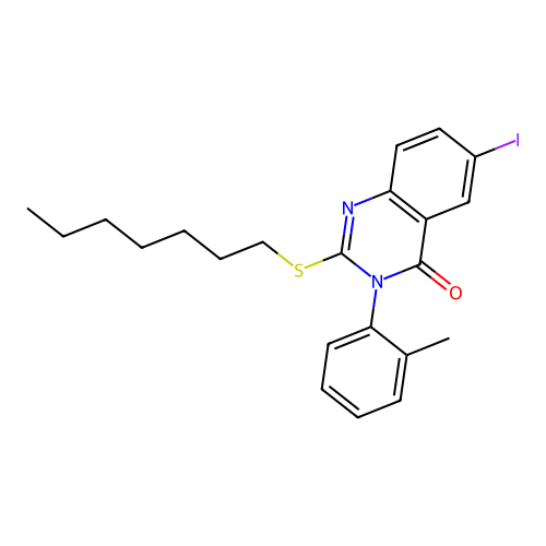 2-(heptylsulfanyl)-6-iodo-3-(2-methylphenyl)quinazolin-4(3H)-one structure
