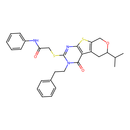 2-((6-isopropyl-4-oxo-3-phenethyl-4,5,6,8-tetrahydro-3H-pyrano[4',3':4,5]thieno[2,3-d]pyrimidin-2-yl)thio)-N-phenylacetamide structure