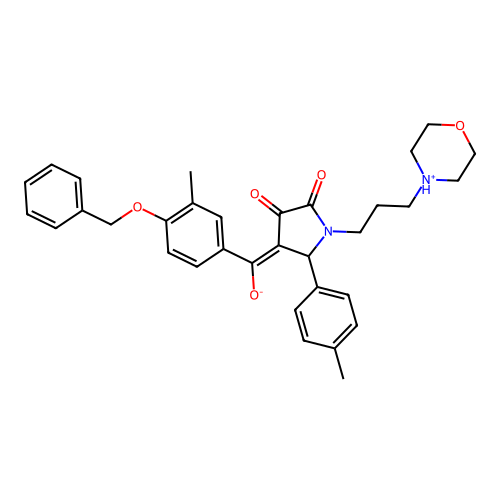 (E)-(3-methyl-4-phenylmethoxyphenyl)-[2-(4-methylphenyl)-1-(3-morpholin-4-ium-4-ylpropyl)-4,5-dioxopyrrolidin-3-ylidene]methanolate structure