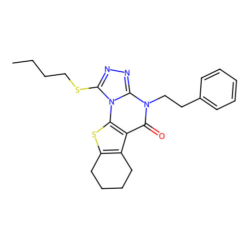 1-(butylsulfanyl)-4-(2-phenylethyl)-6,7,8,9-tetrahydro[1]benzothieno[3,2-e][1,2,4]triazolo[4,3-a]pyrimidin-5(4H)-one structure