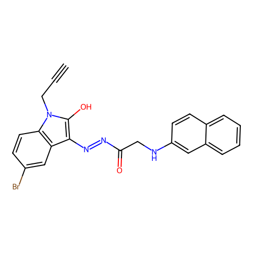 N'-[(3Z)-5-bromo-2-oxo-1-(prop-2-yn-1-yl)-1,2-dihydro-3H-indol-3-ylidene]-2-(naphthalen-2-ylamino)acetohydrazide (non-preferred name) structure