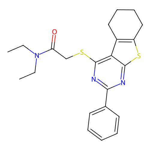 N,N-diethyl-2-((2-phenyl-5,6,7,8-tetrahydrobenzo[4,5]thieno[2,3-d]pyrimidin-4-yl)thio)acetamide structure