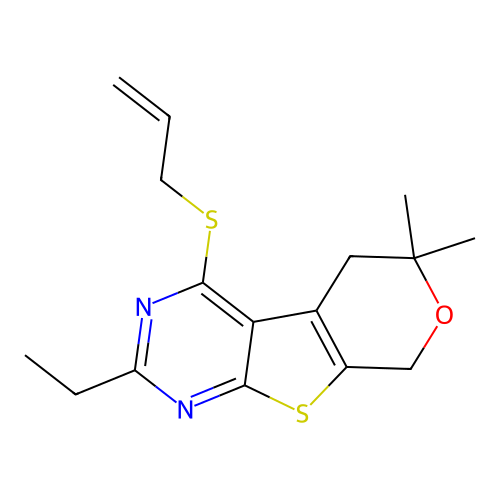 2-ethyl-6,6-dimethyl-4-(prop-2-en-1-ylsulfanyl)-5,8-dihydro-6H-pyrano[4',3':4,5]thieno[2,3-d]pyrimidine structure