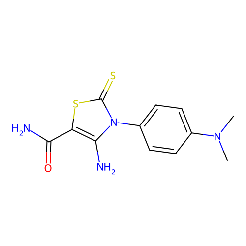 4-amino-3-(4-(dimethylamino)phenyl)-2-thioxo-2,3-dihydrothiazole-5-carboxamide structure