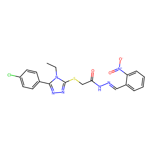 2-{[5-(4-chlorophenyl)-4-ethyl-4H-1,2,4-triazol-3-yl]sulfanyl}-N'-[(E)-(2-nitrophenyl)methylidene]acetohydrazide structure
