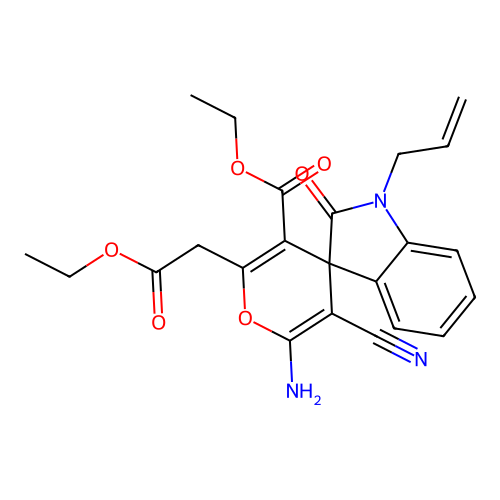 ethyl 6'-amino-5'-cyano-2'-(2-ethoxy-2-oxoethyl)-2-oxo-1-(prop-2-en-1-yl)-1,2-dihydrospiro[indole-3,4'-pyran]-3'-carboxylate structure