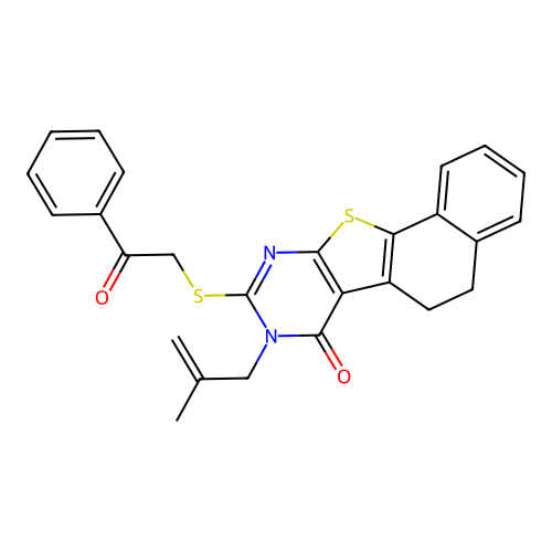 8-(2-methylallyl)-9-((2-oxo-2-phenylethyl)thio)-5,6-dihydronaphtho[2',1':4,5]thieno[2,3-d]pyrimidin-7(8H)-one structure