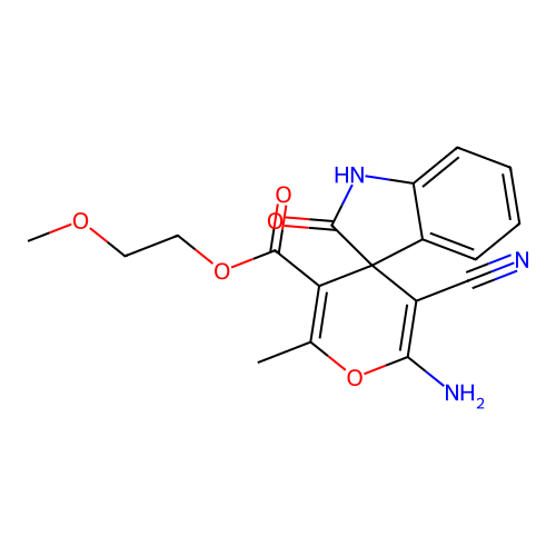 2-methoxyethyl 6'-amino-5'-cyano-2'-methyl-2-oxo-1,2-dihydrospiro[indole-3,4'-pyran]-3'-carboxylate structure