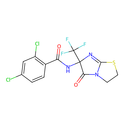 2,4-dichloro-N-(5-oxo-6-(trifluoromethyl)-2,3,5,6-tetrahydroimidazo[2,1-b]thiazol-6-yl)benzamide structure