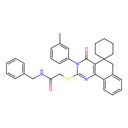 N-benzyl-2-((4-oxo-3-(m-tolyl)-4,6-dihydro-3H-spiro[benzo[h]quinazoline-5,1'-cyclohexan]-2-yl)thio)acetamide structure
