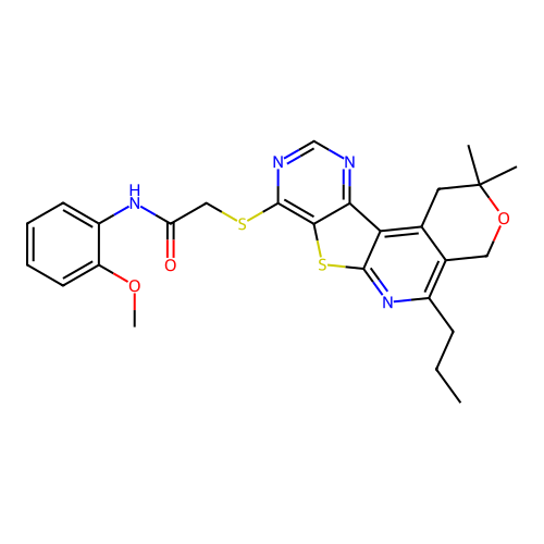 2-((2,2-dimethyl-5-propyl-2,4-dihydro-1H-pyrano[4'',3'':4',5']pyrido[3',2':4,5]thieno[3,2-d]pyrimidin-8-yl)thio)-N-(2-methoxyphenyl)acetamide structure