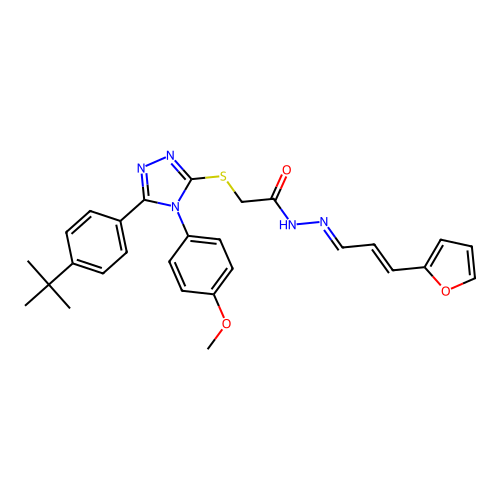 (E)-2-((5-(4-(tert-butyl)phenyl)-4-(4-methoxyphenyl)-4H-1,2,4-triazol-3-yl)thio)-N'-((E)-3-(furan-2-yl)allylidene)acetohydrazide structure