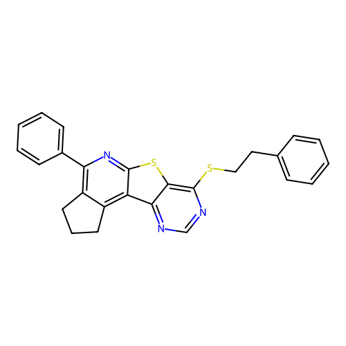 4-phenyl-7-[(2-phenylethyl)sulfanyl]-2,3-dihydro-1H-cyclopenta[4',5']pyrido[3',2':4,5]thieno[3,2-d]pyrimidine structure