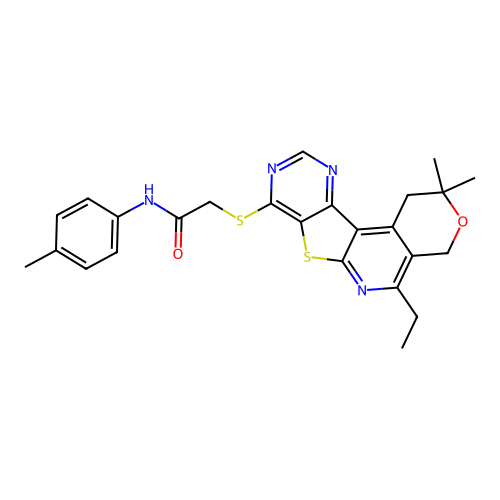 2-[(5-ethyl-2,2-dimethyl-1,4-dihydro-2H-pyrano[4'',3'':4',5']pyrido[3',2':4,5]thieno[3,2-d]pyrimidin-8-yl)sulfanyl]-N-(4-methylphenyl)acetamide structure