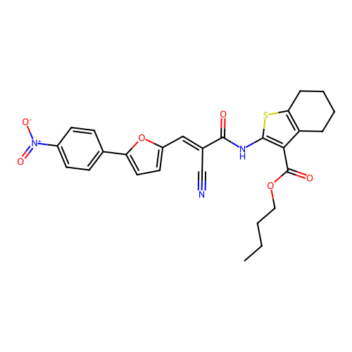 (E)-butyl 2-(2-cyano-3-(5-(4-nitrophenyl)furan-2-yl)acrylamido)-4,5,6,7-tetrahydrobenzo[b]thiophene-3-carboxylate structure