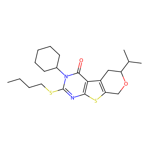 2-(butylsulfanyl)-3-cyclohexyl-6-(propan-2-yl)-3,5,6,8-tetrahydro-4H-pyrano[4',3':4,5]thieno[2,3-d]pyrimidin-4-one structure