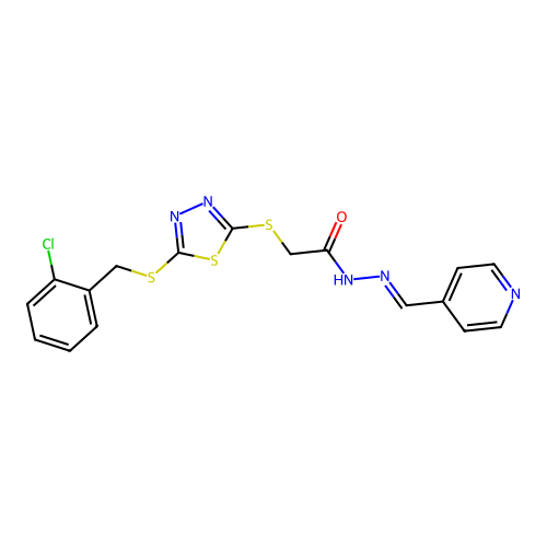 (E)-2-((5-((2-chlorobenzyl)thio)-1,3,4-thiadiazol-2-yl)thio)-N'-(pyridin-4-ylmethylene)acetohydrazide structure
