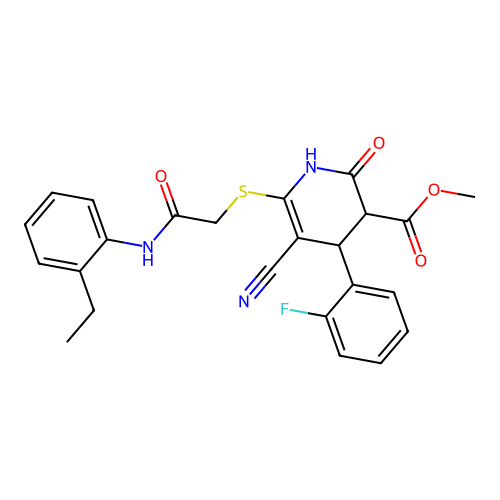 methyl 5-cyano-6-((2-((2-ethylphenyl)amino)-2-oxoethyl)thio)-4-(2-fluorophenyl)-2-oxo-1,2,3,4-tetrahydropyridine-3-carboxylate structure