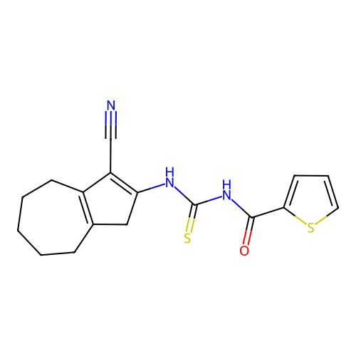 N-[(3-cyano-1,4,5,6,7,8-hexahydroazulen-2-yl)carbamothioyl]thiophene-2-carboxamide structure