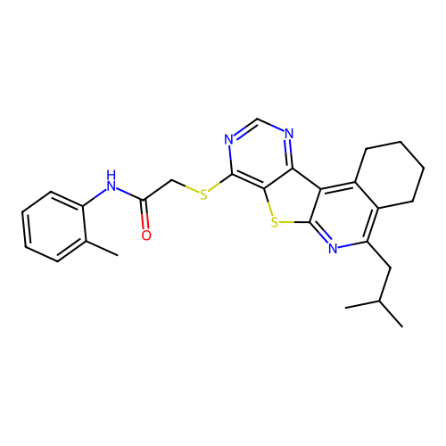 2-((5-isobutyl-1,2,3,4-tetrahydropyrimido[4',5':4,5]thieno[2,3-c]isoquinolin-8-yl)thio)-N-(o-tolyl)acetamide structure