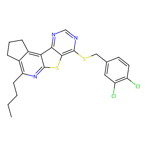 4-butyl-7-((3,4-dichlorobenzyl)thio)-2,3-dihydro-1H-cyclopenta[4',5']pyrido[3',2':4,5]thieno[3,2-d]pyrimidine structure